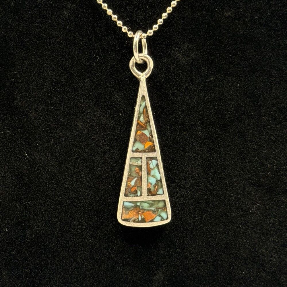 Vintage 925 Sterling Silver Crushed Turquoise Pendant Necklace 20”